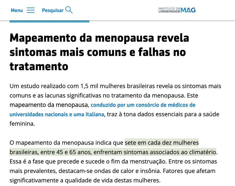 Print da matéria do Instituto de Longevidade MAG: sete em cada dez mulheres brasileiras entre 45 e 65 anos enfrentam sintomas do climatério
