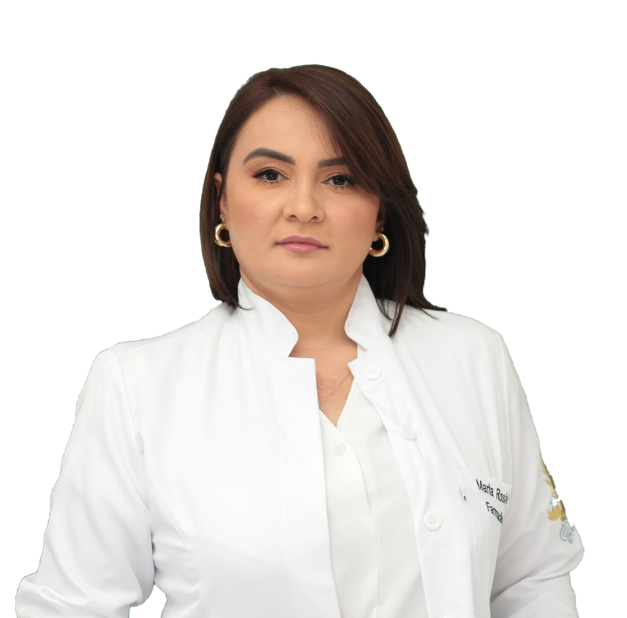 Rosi, farmacêutica clínica, de jaleco branco